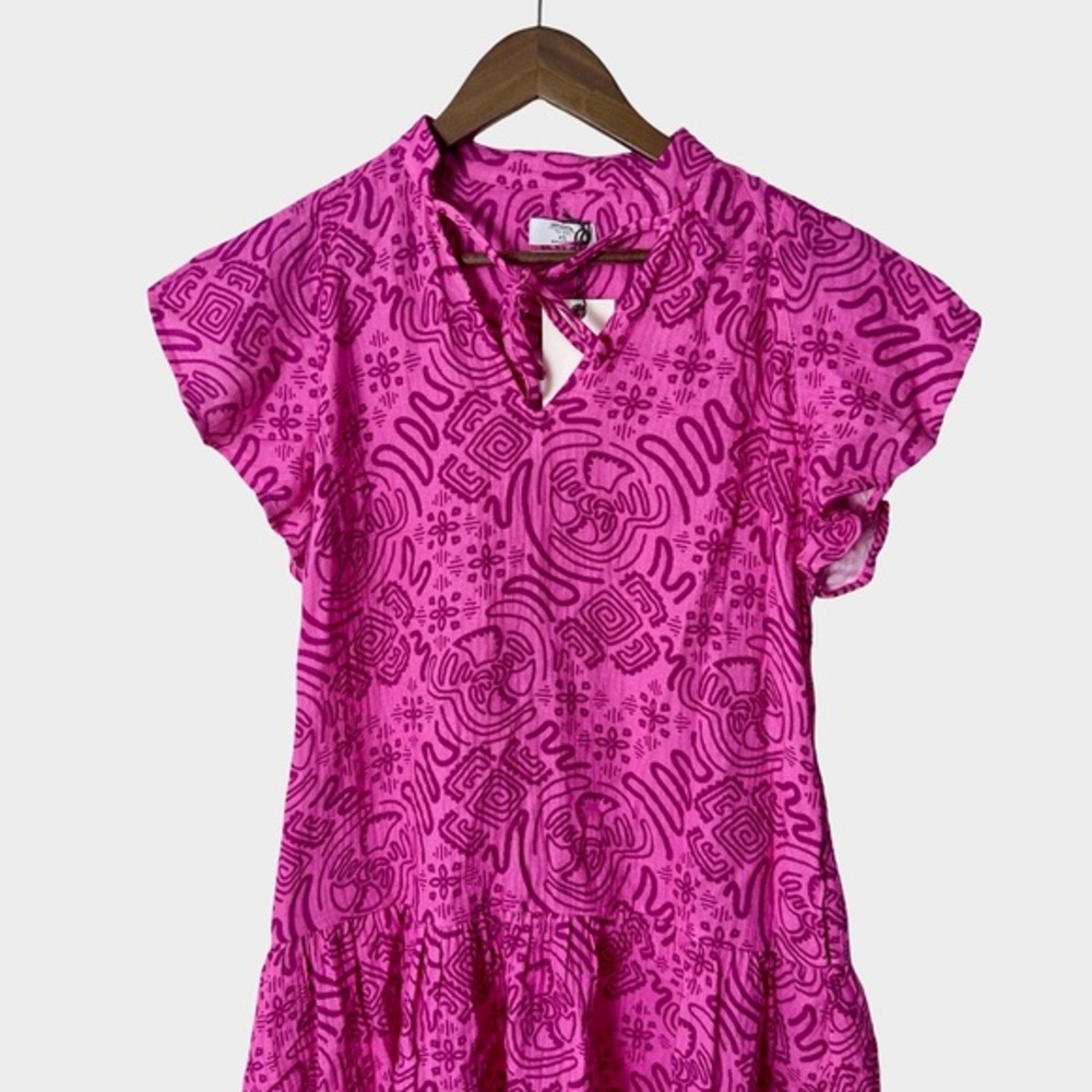 UNTUCKit Cotton Gauze Flutter Sleeve‎ Arya Dress XS Pink Geo Print Resort - Picture 3 of 12